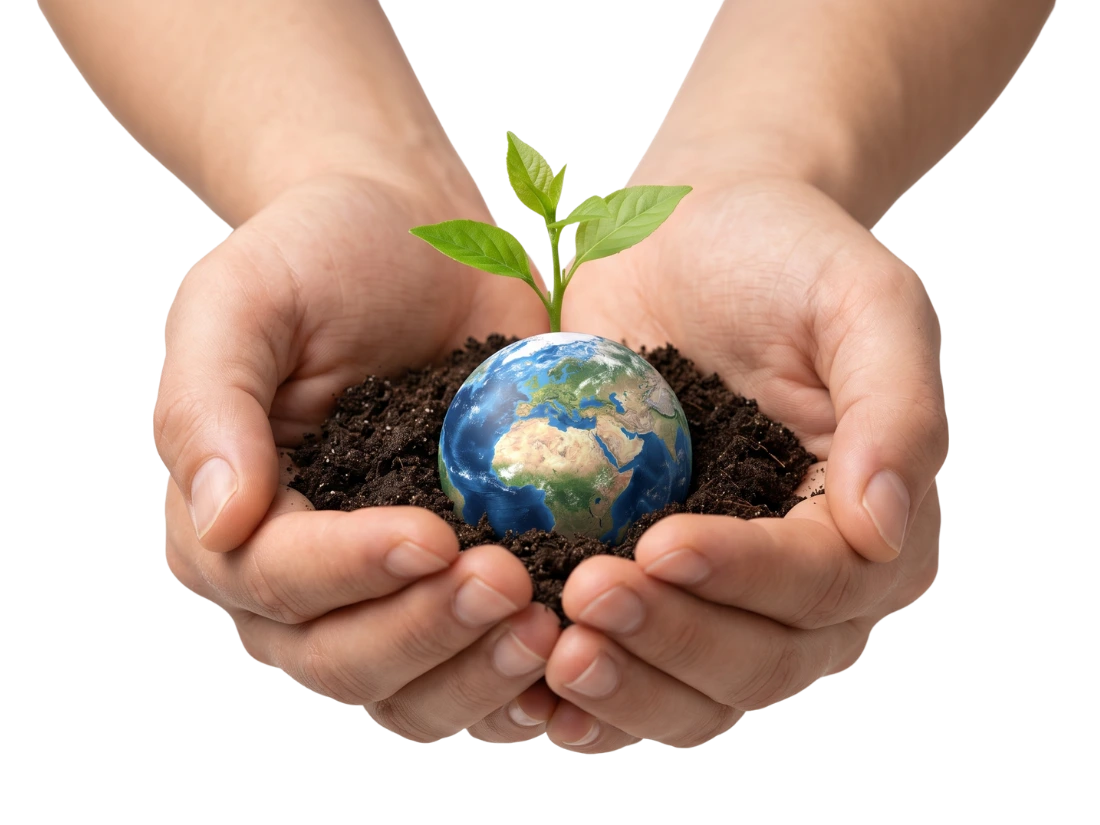 Hands nurturing plant and earth globe